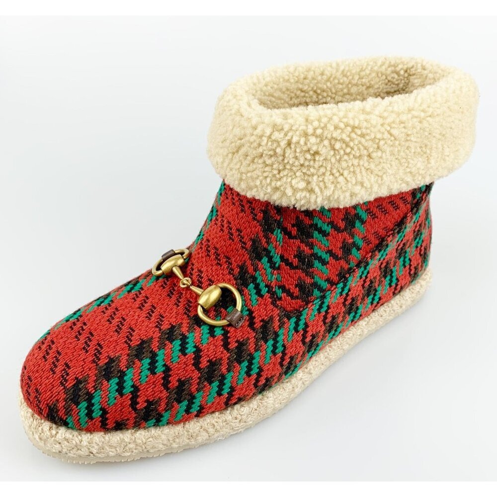 NIB Gucci Women Horsebit Houndstooth Wool Boots In Red SIze 39.5